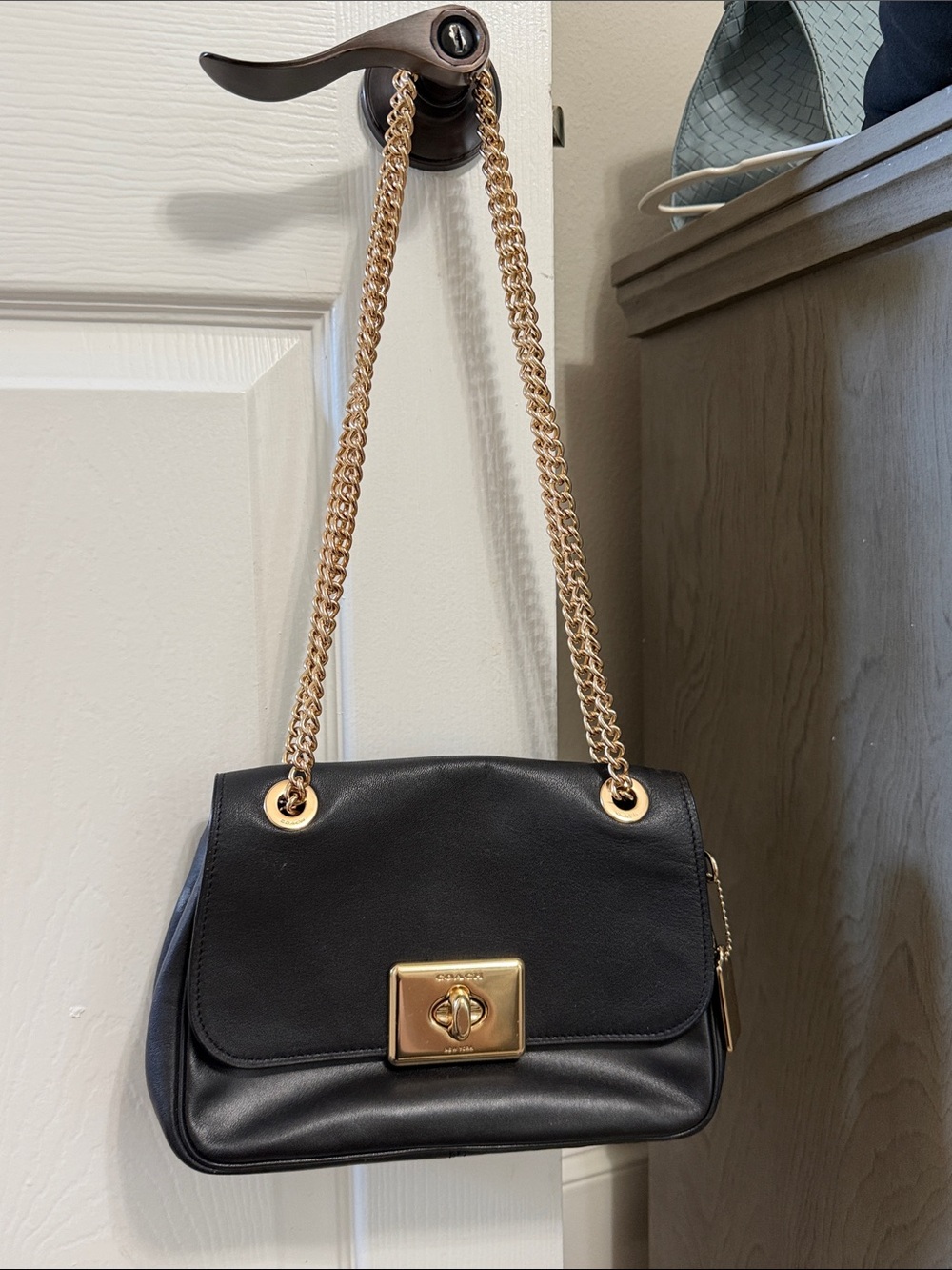 Coach Black Leather Shoulder Bag with Gold Chain Strap